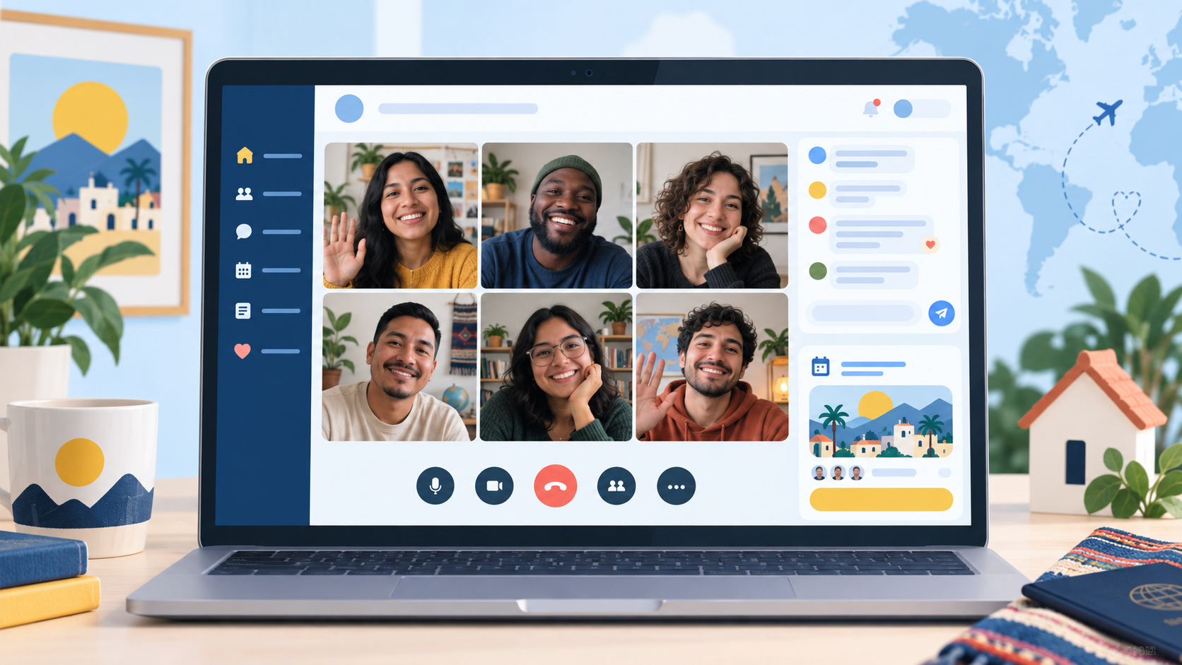 Maqueta de una comunidad online con una videollamada grupal y espacio de conversación